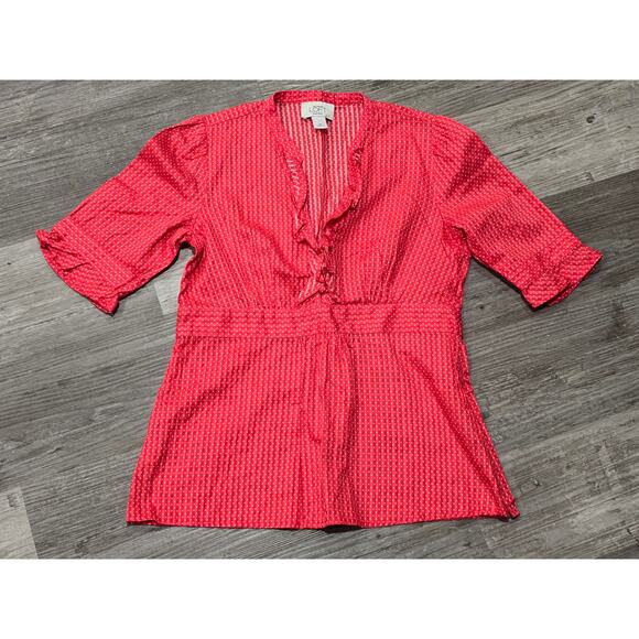 Ann Taylor Loft Red & White Polka Dot Short Sleeve Blouse V Cut & Side Zip - Picture 9 of 9